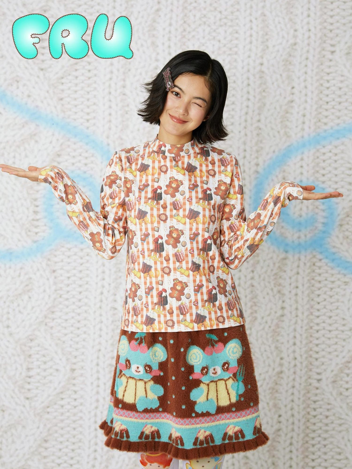 Frufru Gulu Bear Cookie Print Waffle Half Open Collar Women&