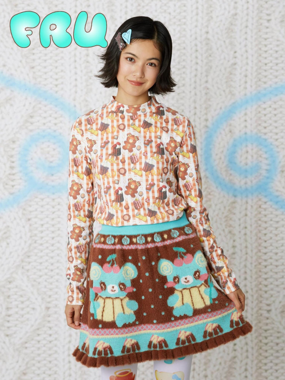 Frufru Gulu Bear Cookie Print Waffle Half Open Collar Women&