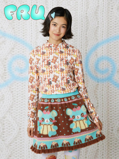 Frufru Gulu Bear Cookie Print Waffle Half Open Collar Women&
