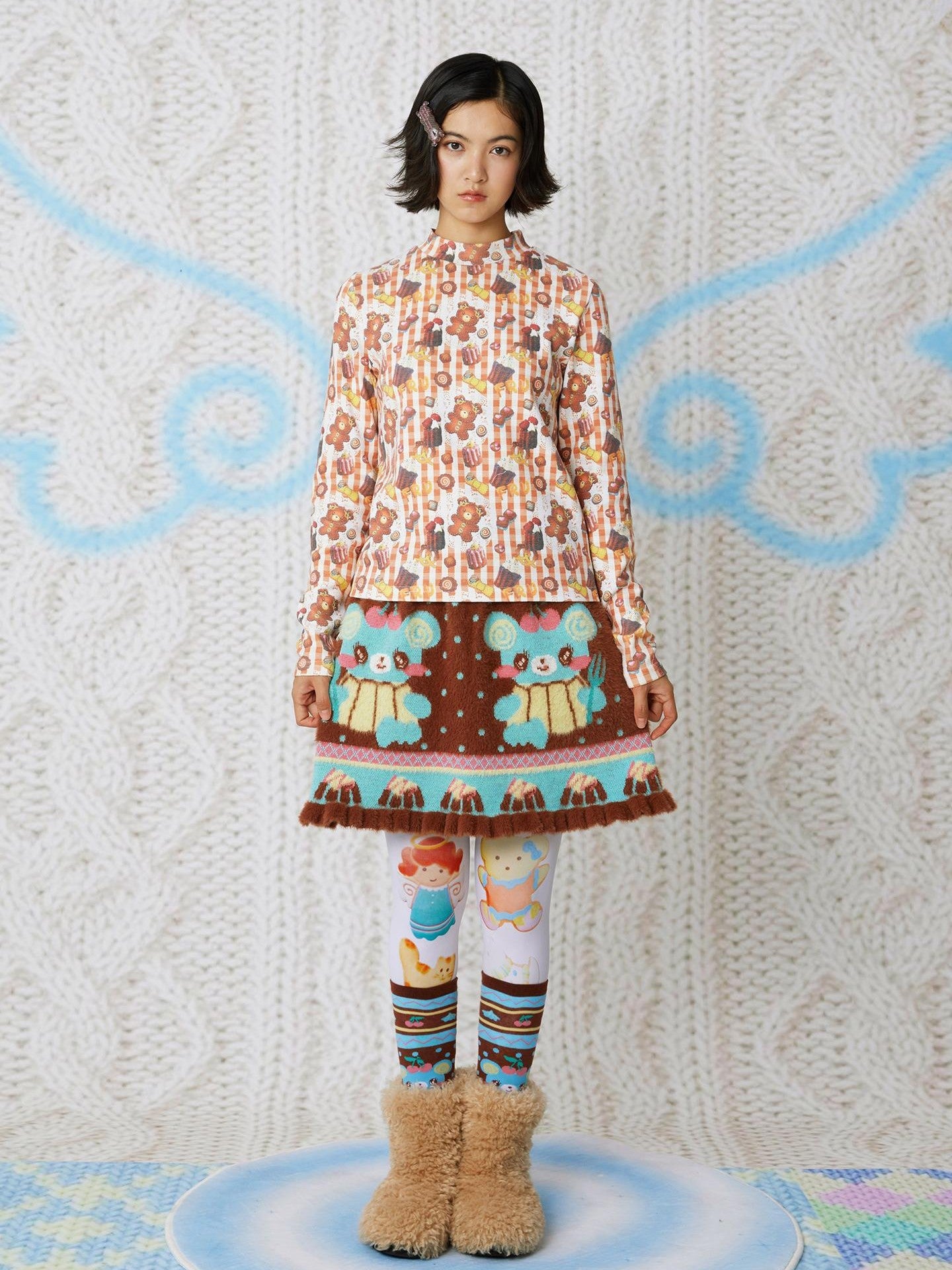 Frufru Gulu Bear Cookie Print Waffle Half Open Collar Women&