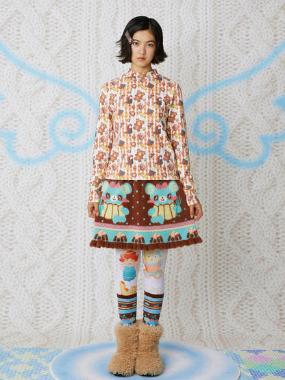 Frufru Gulu Bear Cookie Print Waffle Half Open Collar Women&