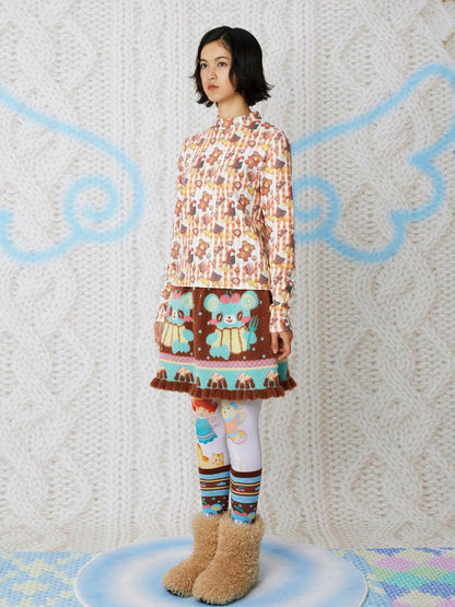 Frufru Gulu Bear Cookie Print Waffle Half Open Collar Women&