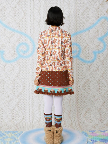 Frufru Gulu Bear Cookie Print Waffle Half Open Collar Women&