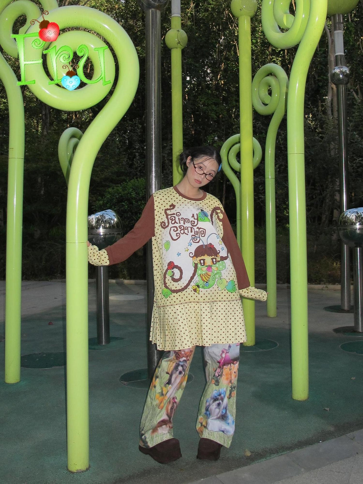 Frufru Gulu Beige Printed Pleated Long Sleeve Women&