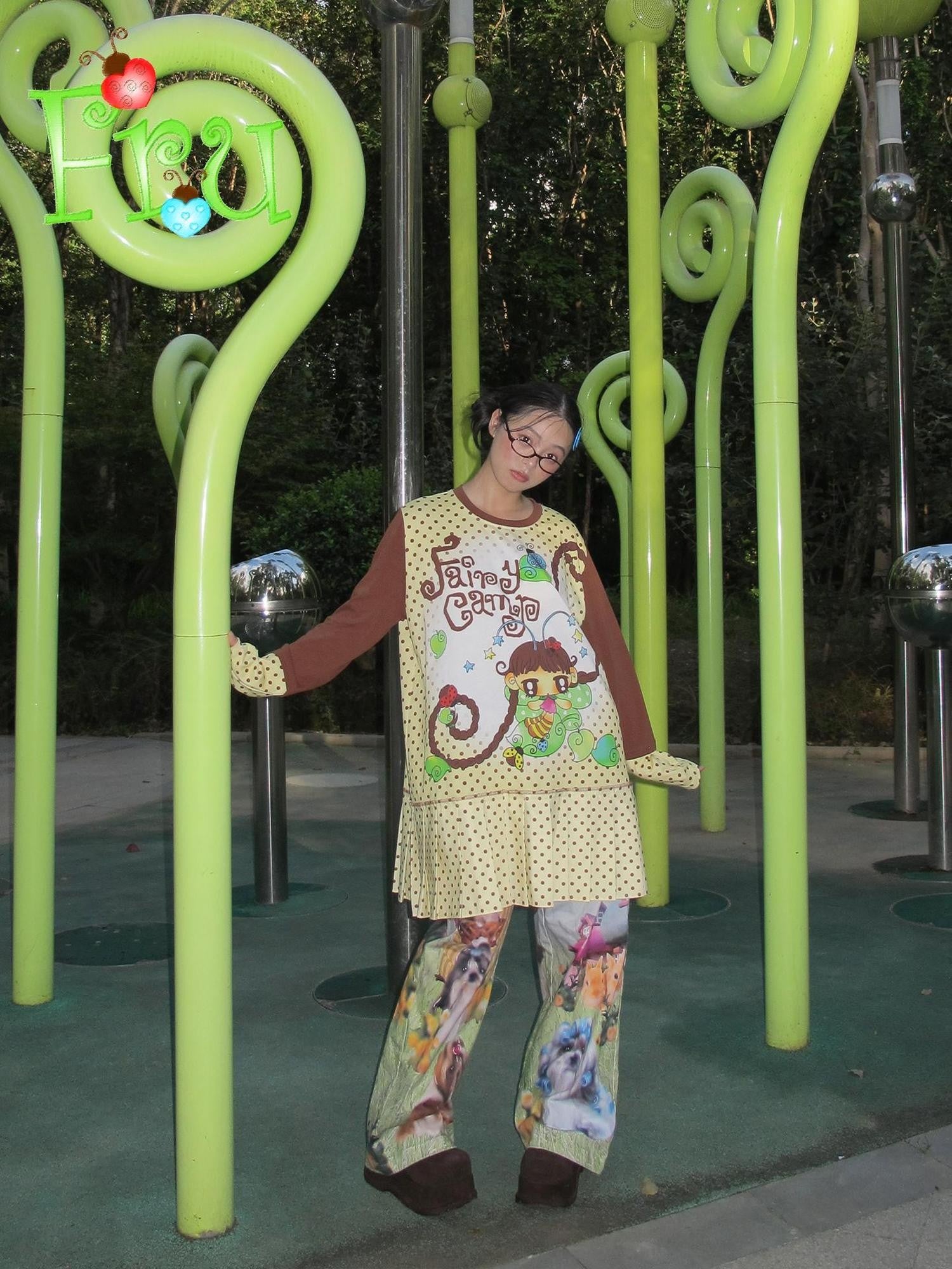 Frufru Gulu Beige Printed Pleated Long Sleeve Women&