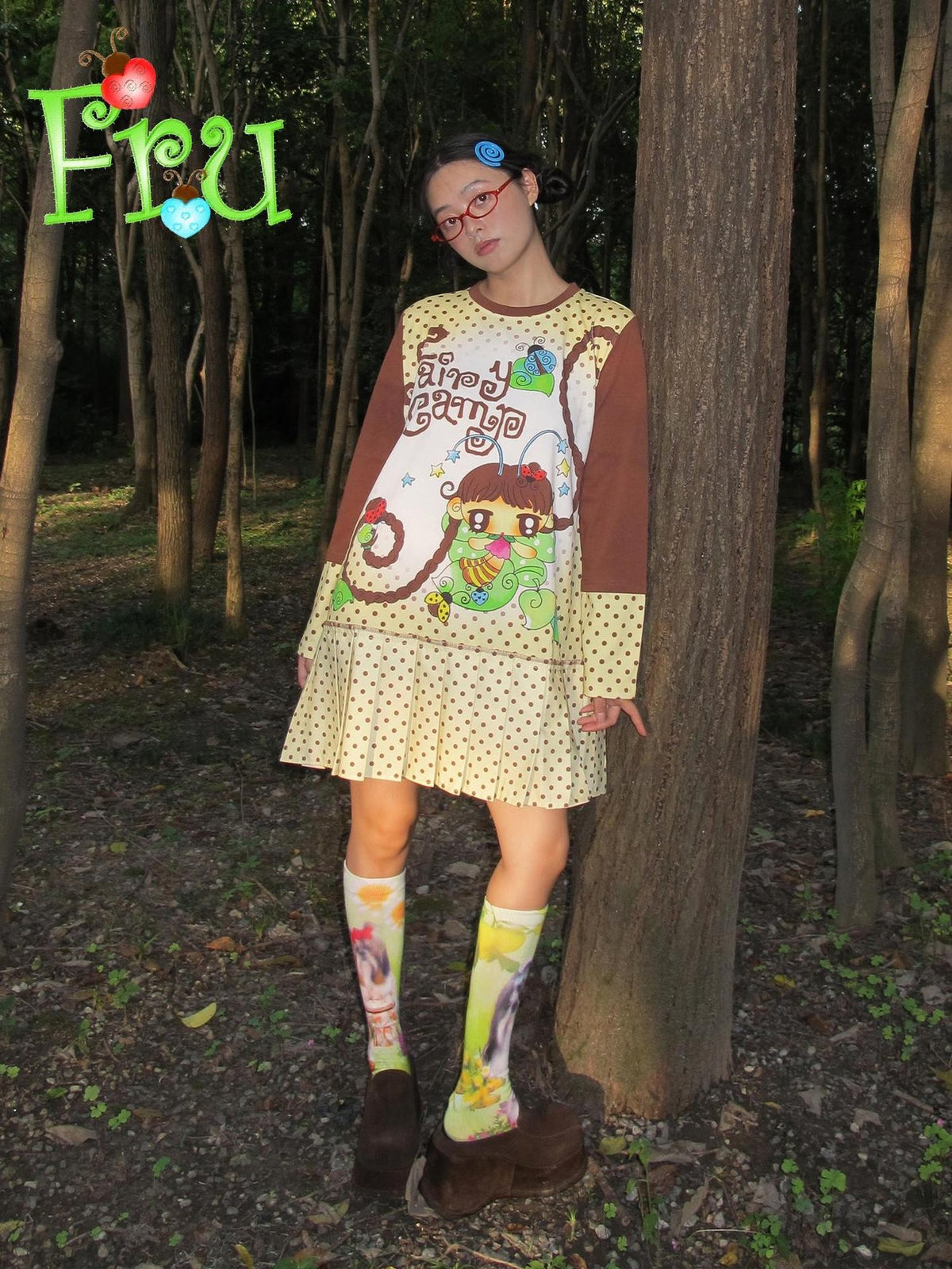 Frufru Gulu Beige Printed Pleated Long Sleeve Women&