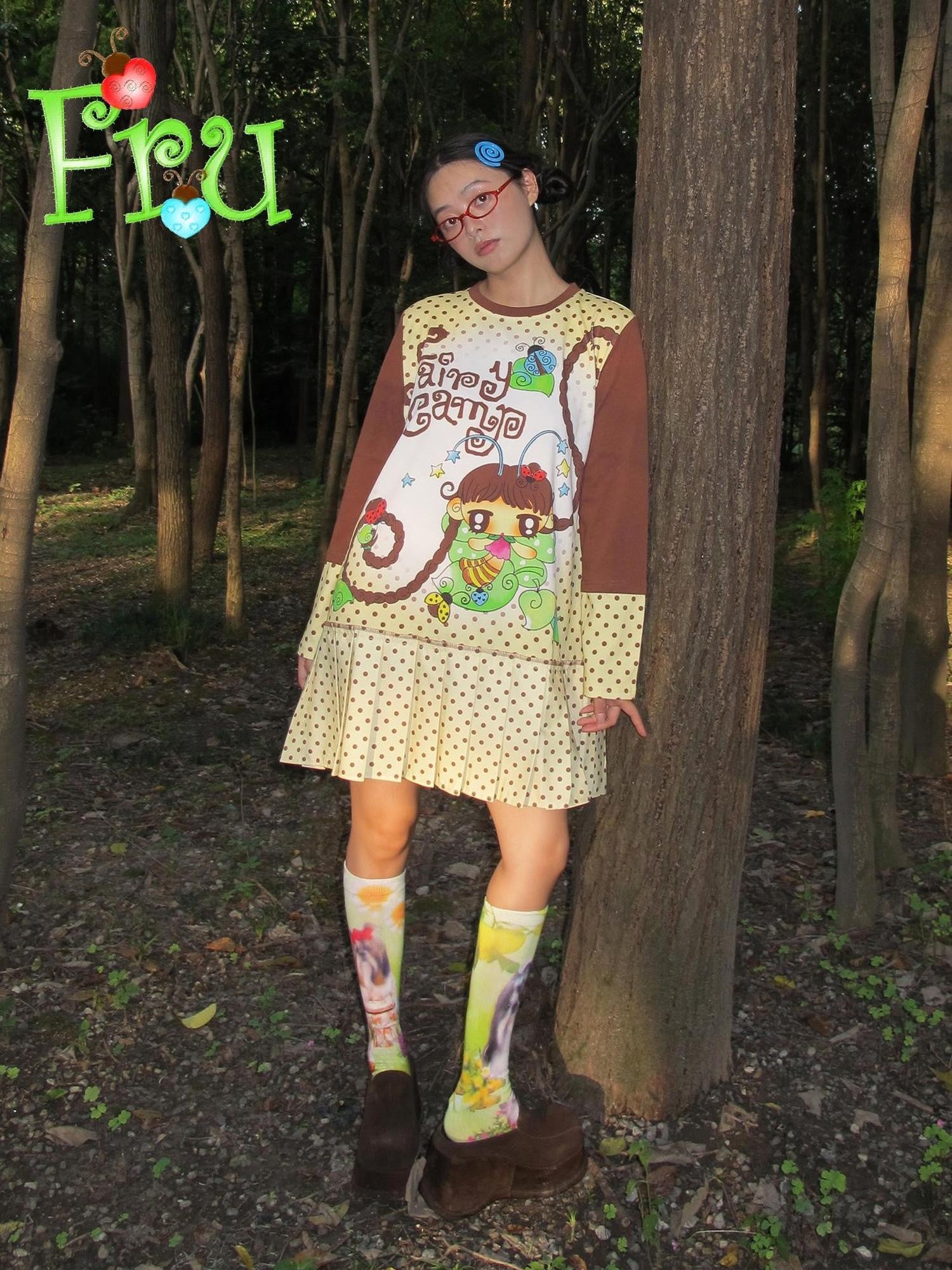 Frufru Gulu Beige Printed Pleated Long Sleeve Women&