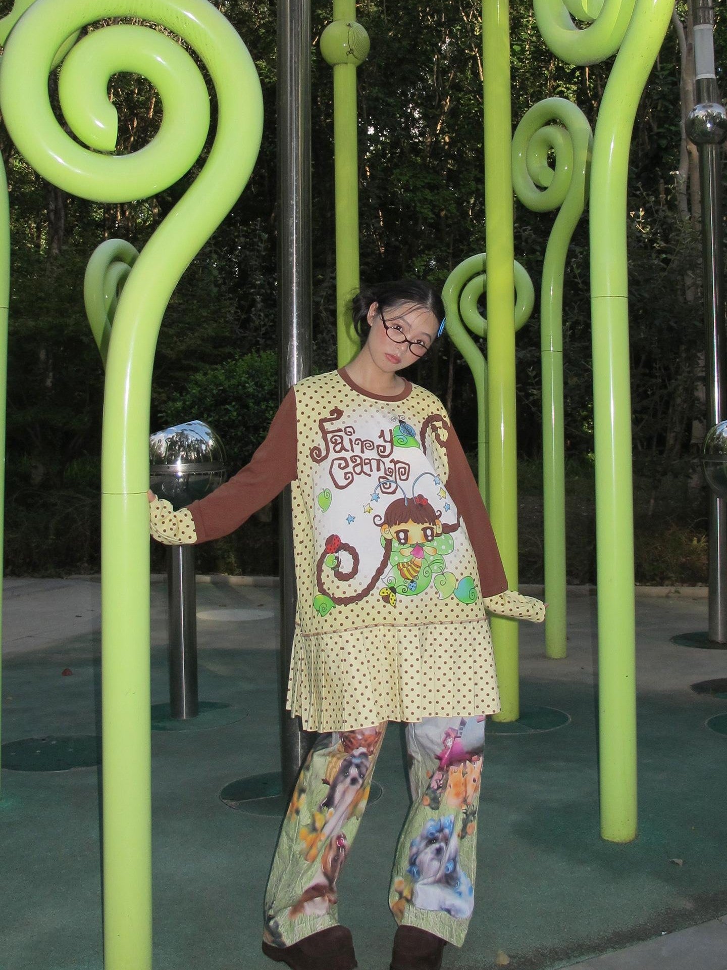 Frufru Gulu Beige Printed Pleated Long Sleeve Women&