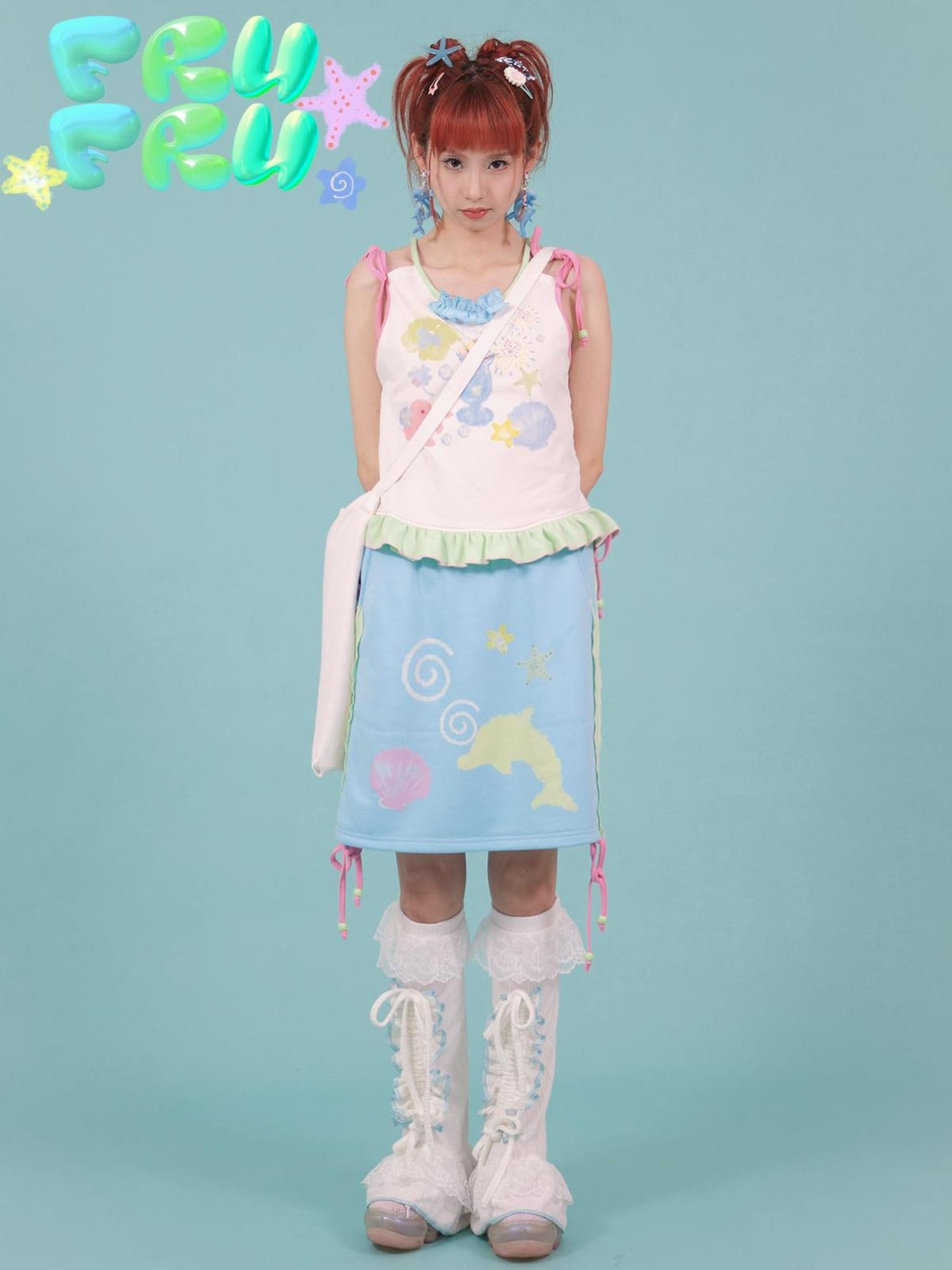 Blue Dolphin Cartoon Print Embroidered Women&