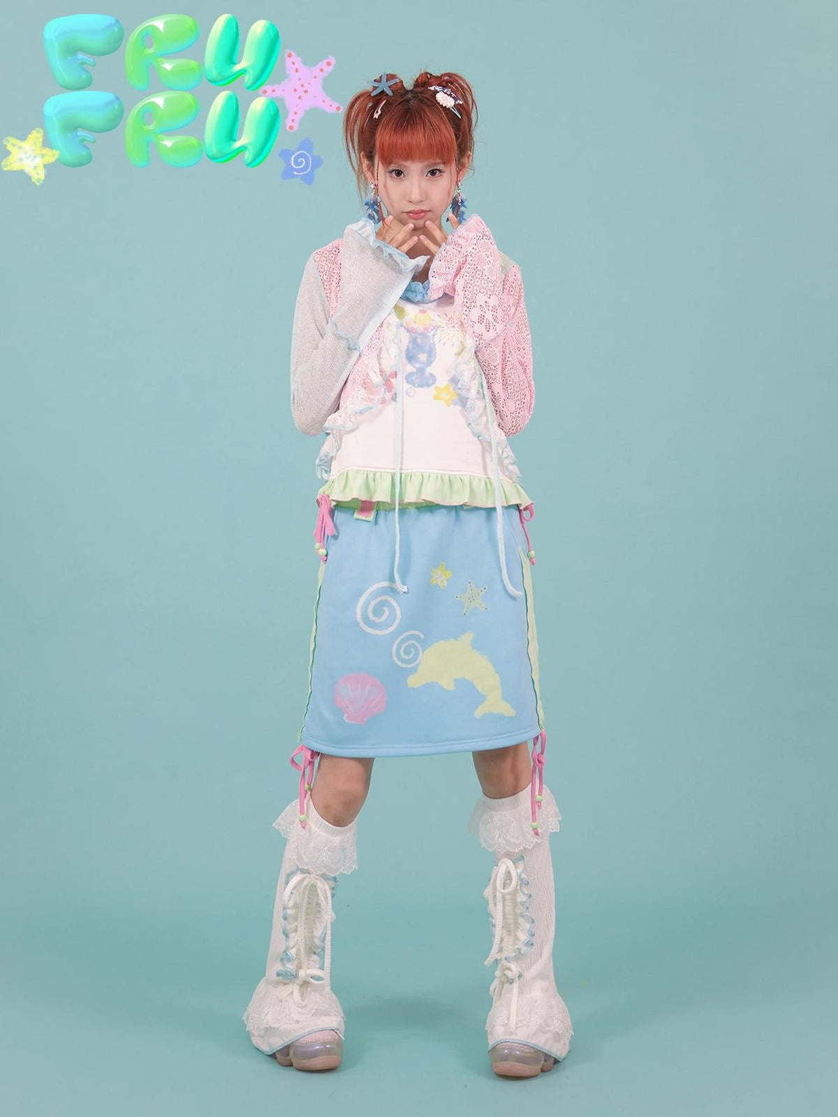 Blue Dolphin Cartoon Print Embroidered Women&