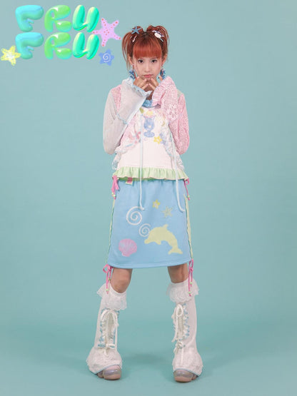 Blue Dolphin Cartoon Print Embroidered Women&