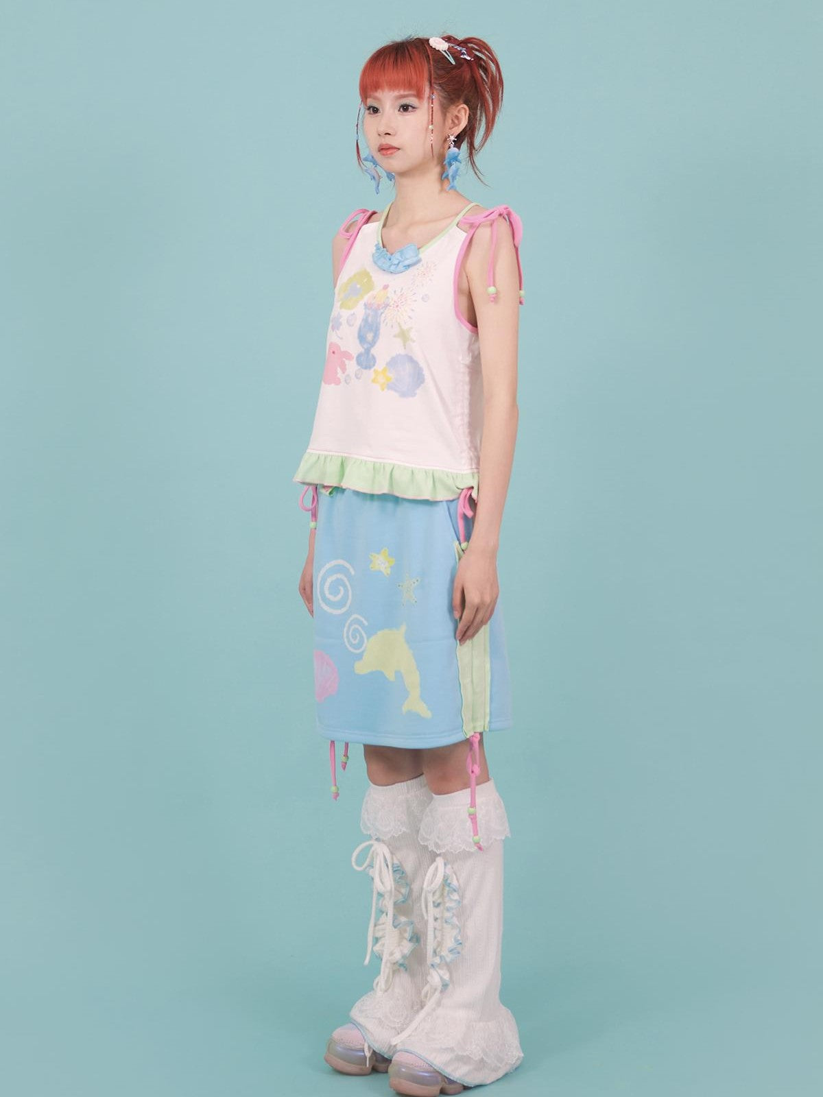 Blue Dolphin Cartoon Print Embroidered Women&