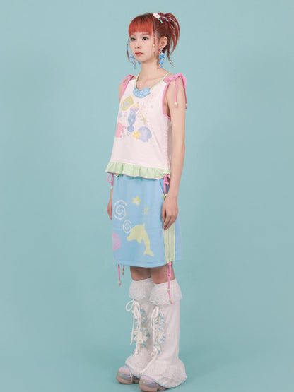 Blue Dolphin Cartoon Print Embroidered Women&