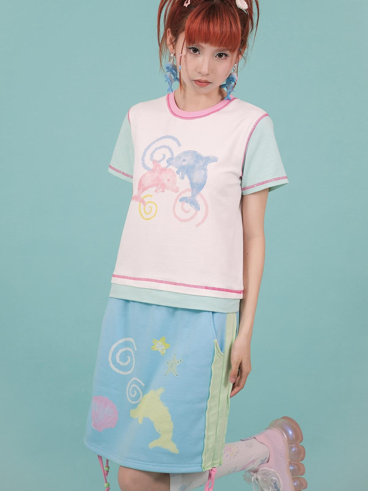 Blue Dolphin Cartoon Print Embroidered Women&