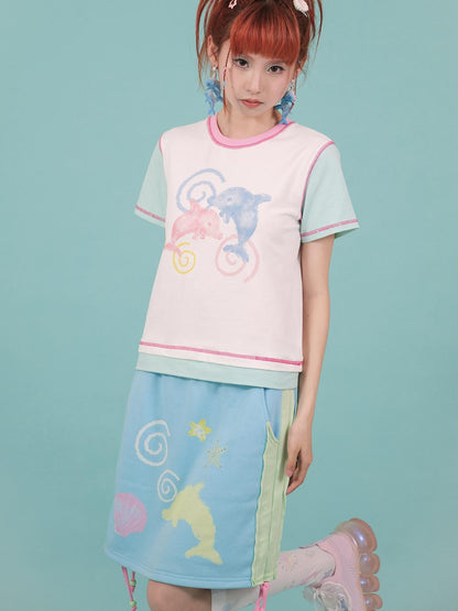 Blue Dolphin Cartoon Print Embroidered Women&