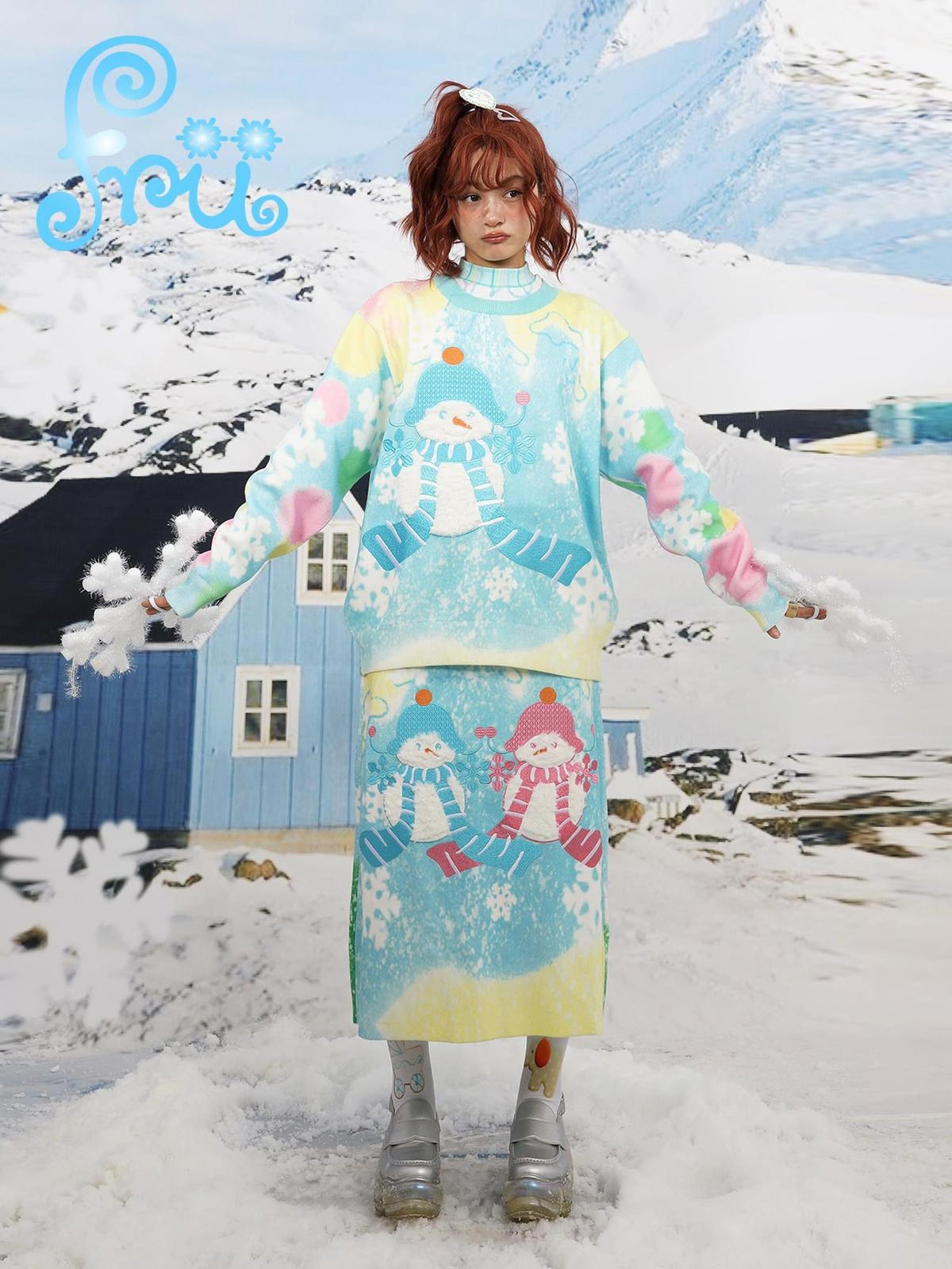 Frufru Gulu Blue Snowman Print Loose Round Neck Long Sleeve Women&