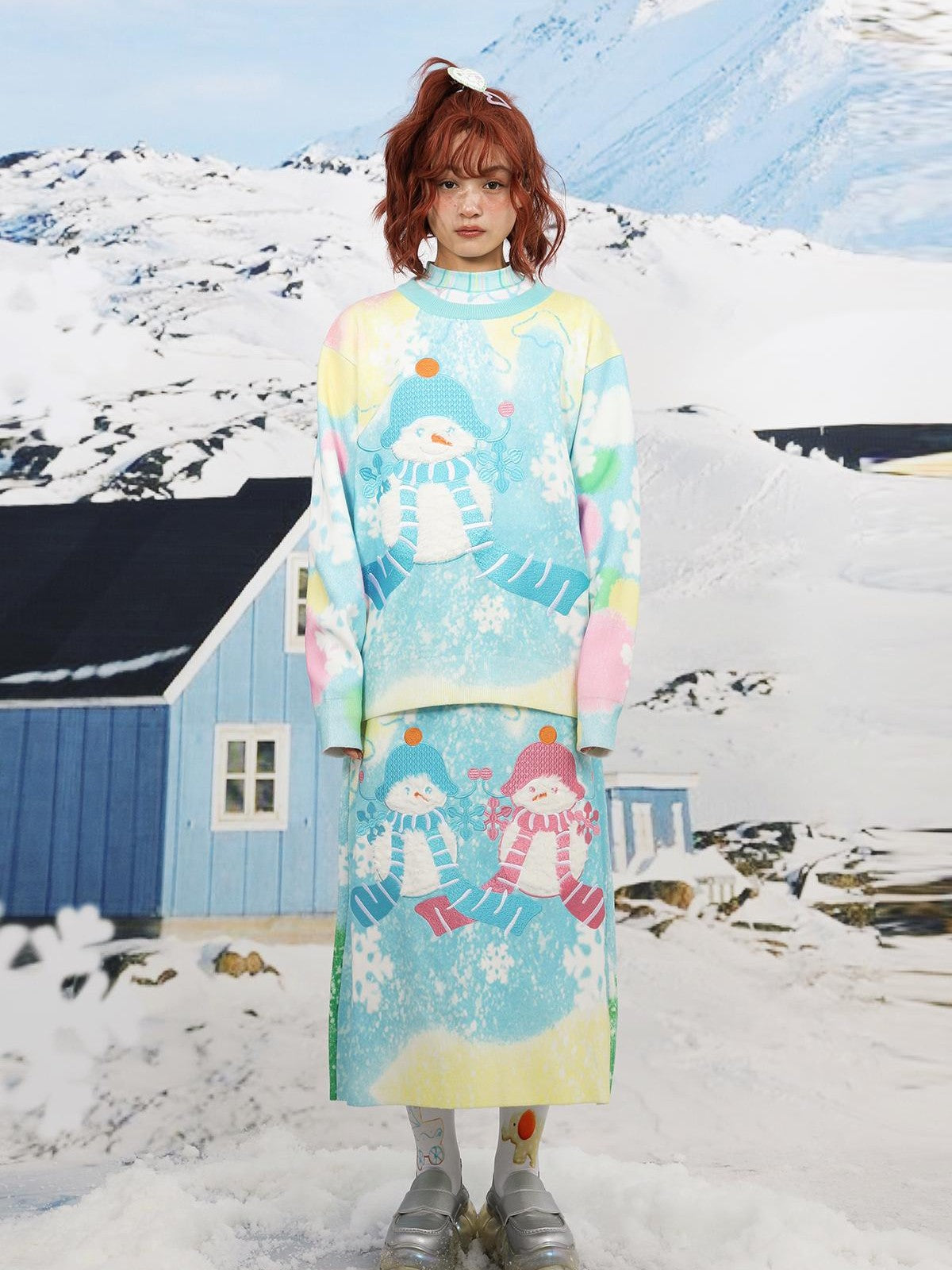 Frufru Gulu Blue Snowman Print Loose Round Neck Long Sleeve Women&