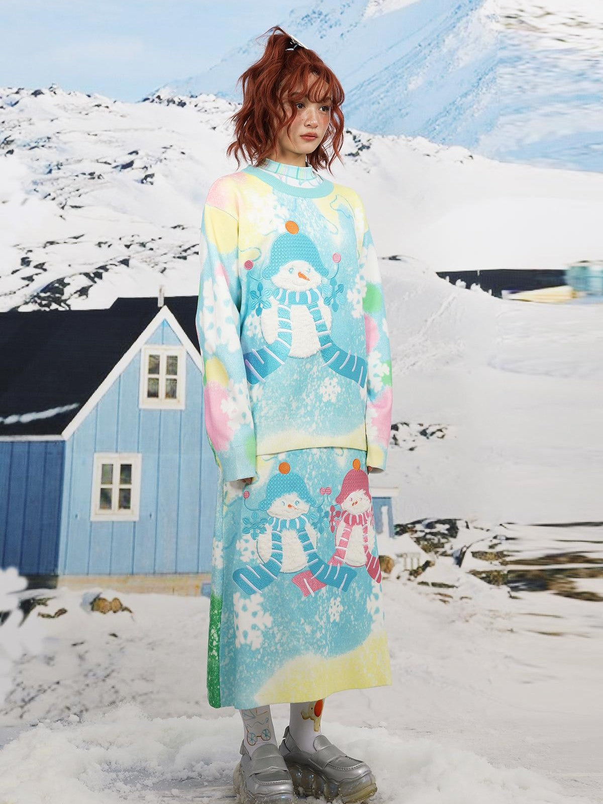 Frufru Gulu Blue Snowman Print Loose Round Neck Long Sleeve Women&