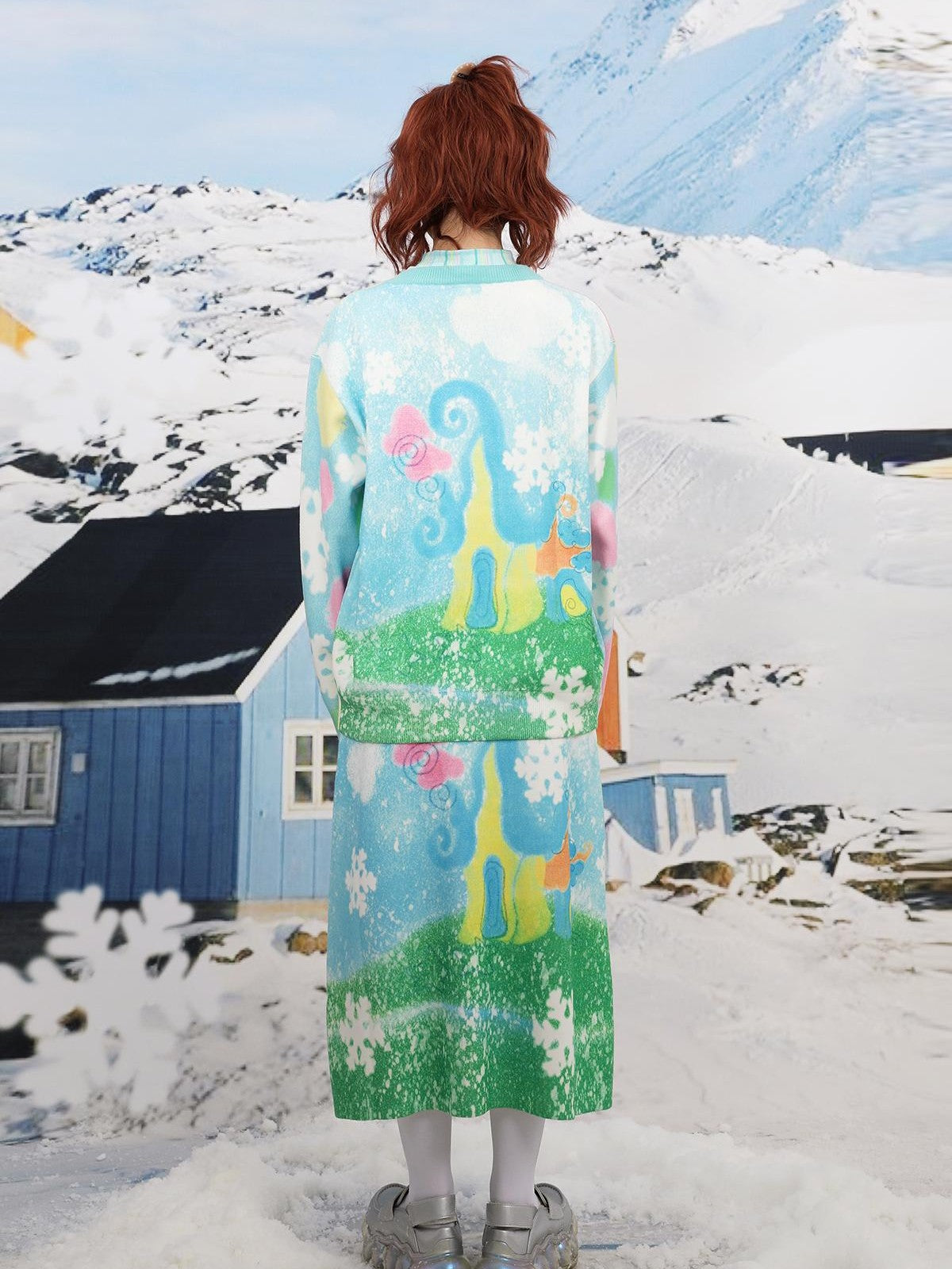Frufru Gulu Blue Snowman Print Loose Round Neck Long Sleeve Women&