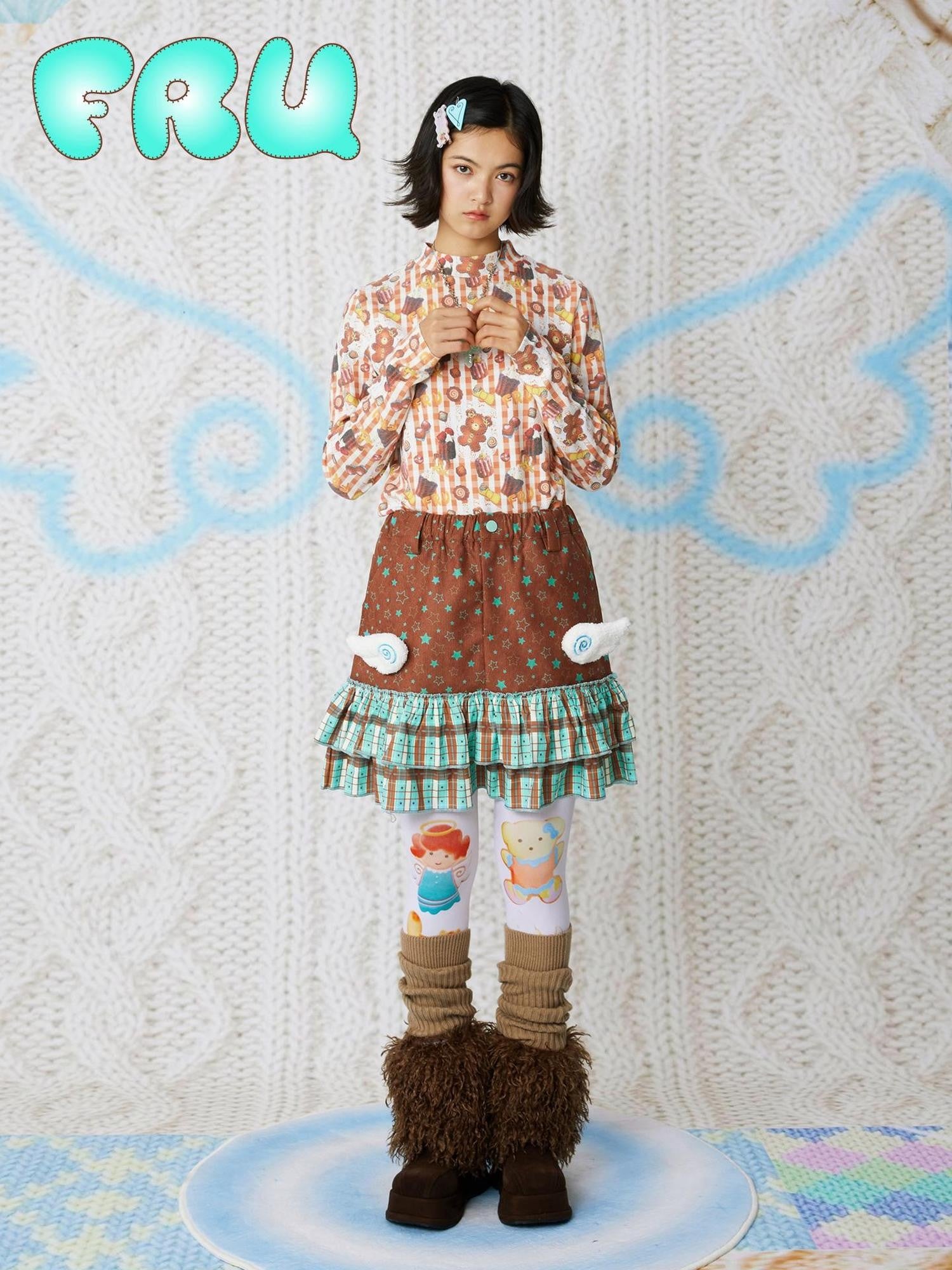 Frufru Gulu Brown Corduroy Printed Wing 3d Applique Cute Women&