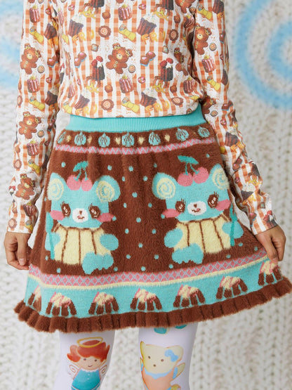 Frufru Gulu Chocolate Bear Cartoon Hooded Zip Knit Women&