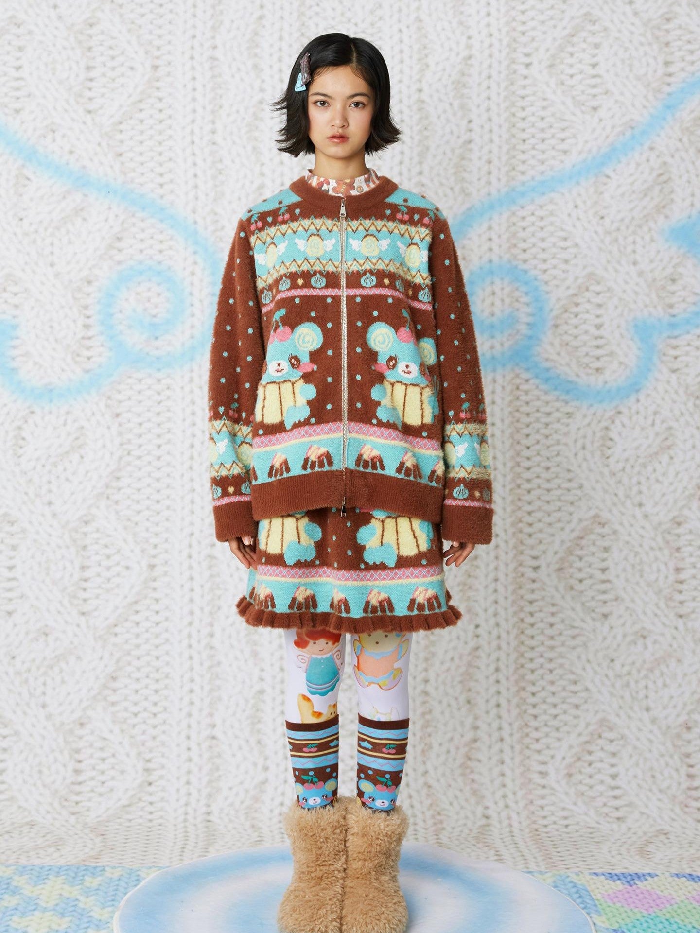 Frufru Gulu Chocolate Bear Cartoon Hooded Zip Knit Women&