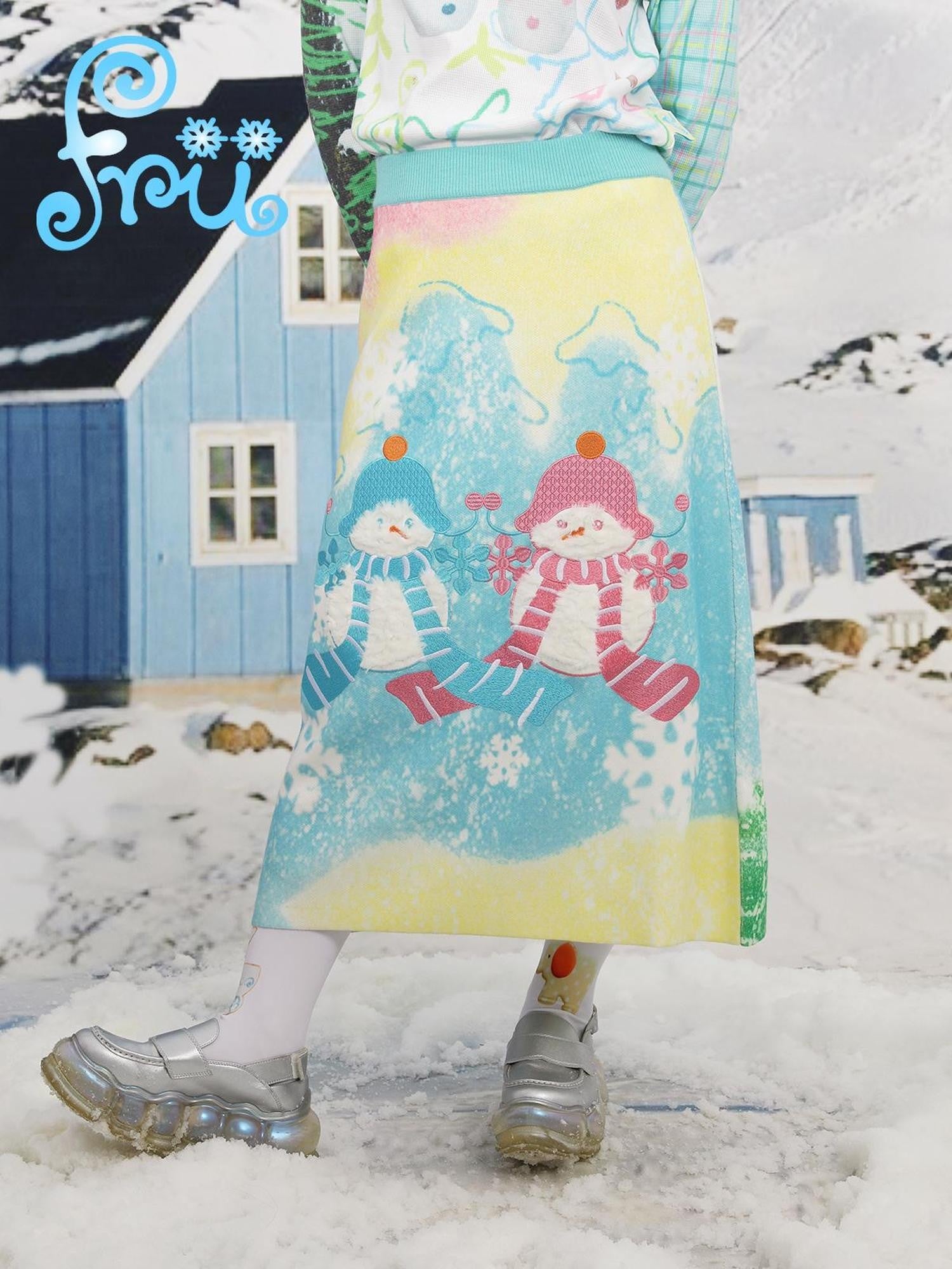 Frufru Gulu Cute Blue Snowman Print Knit A Line Loose Women&