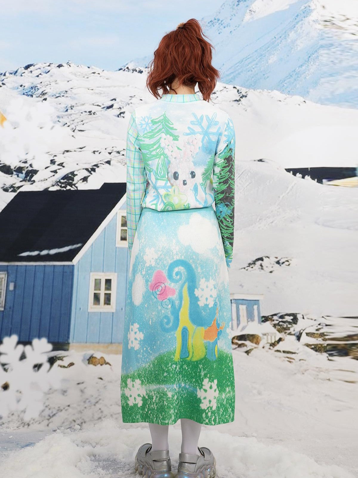 Frufru Gulu Cute Blue Snowman Print Knit A Line Loose Women&