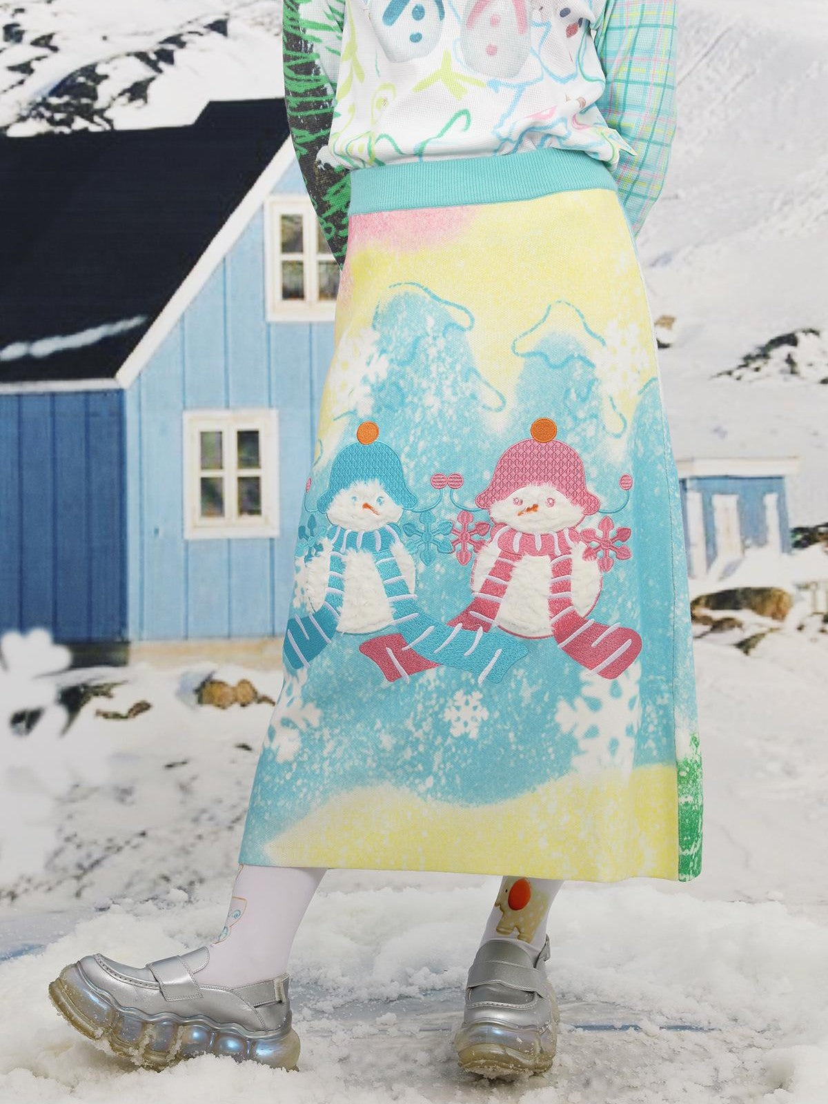 Frufru Gulu Cute Blue Snowman Print Knit A Line Loose Women&