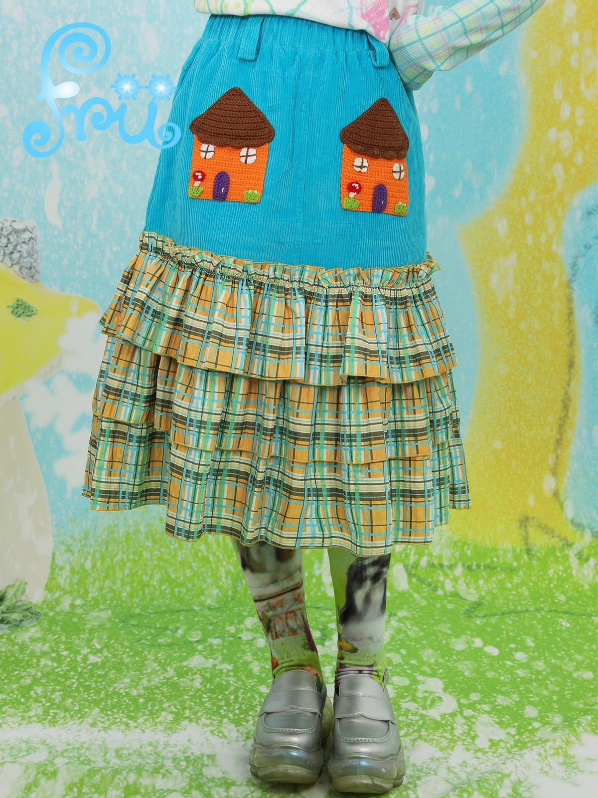 Frufru Gulu House Colorblock Plaid Patchwork Pleated Women&