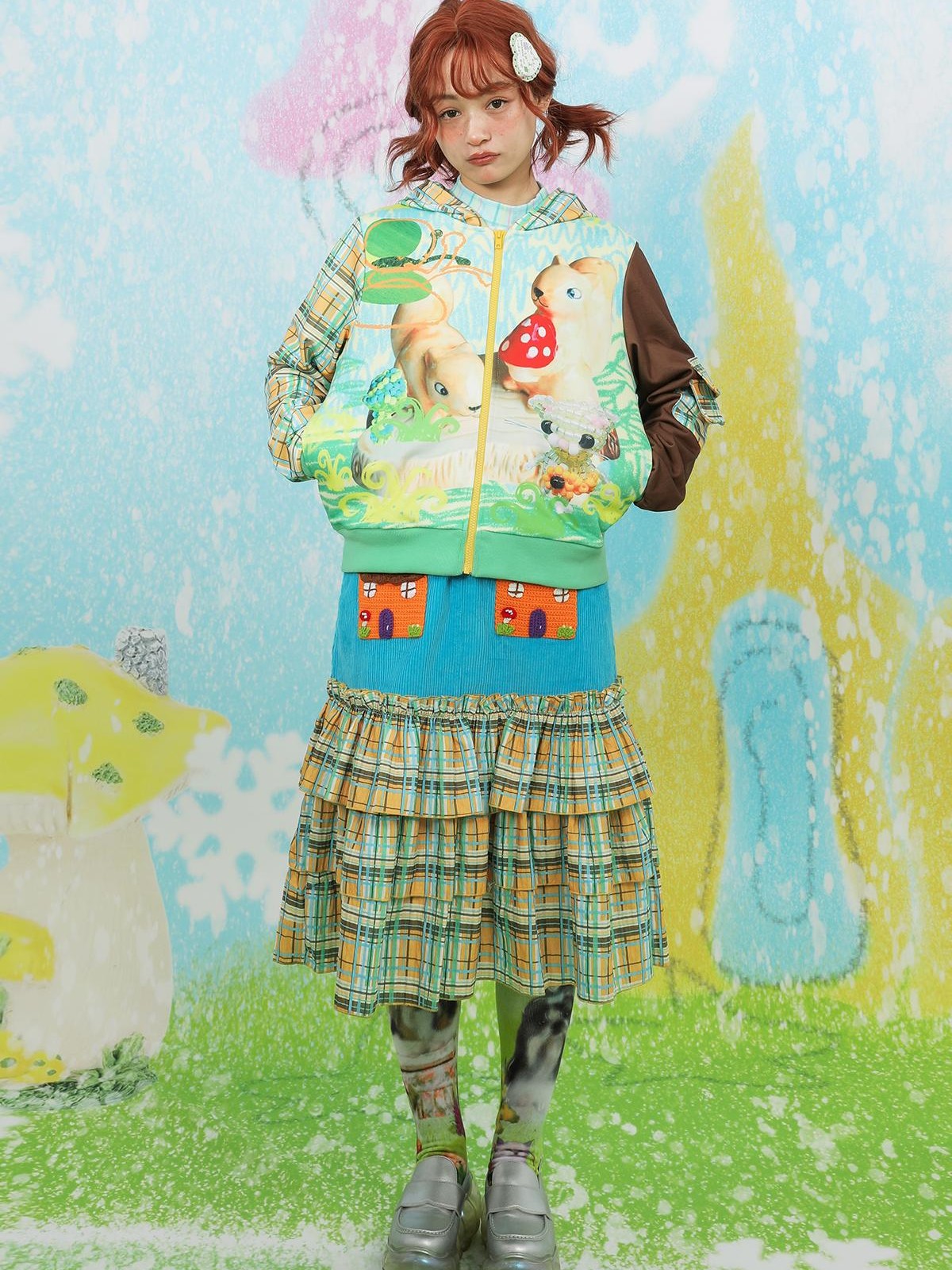 Frufru Gulu House Colorblock Plaid Patchwork Pleated Women&