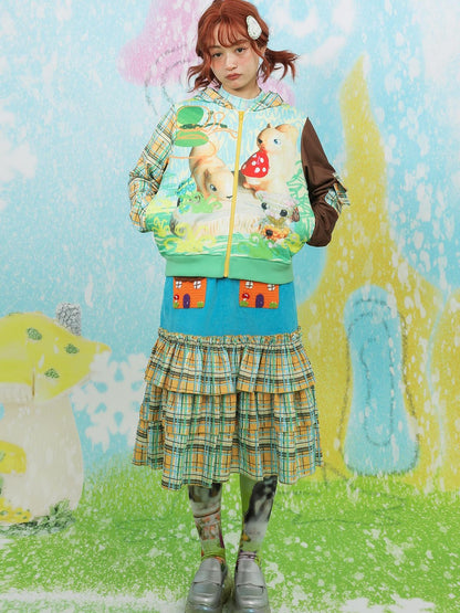 Frufru Gulu House Colorblock Plaid Patchwork Pleated Women&