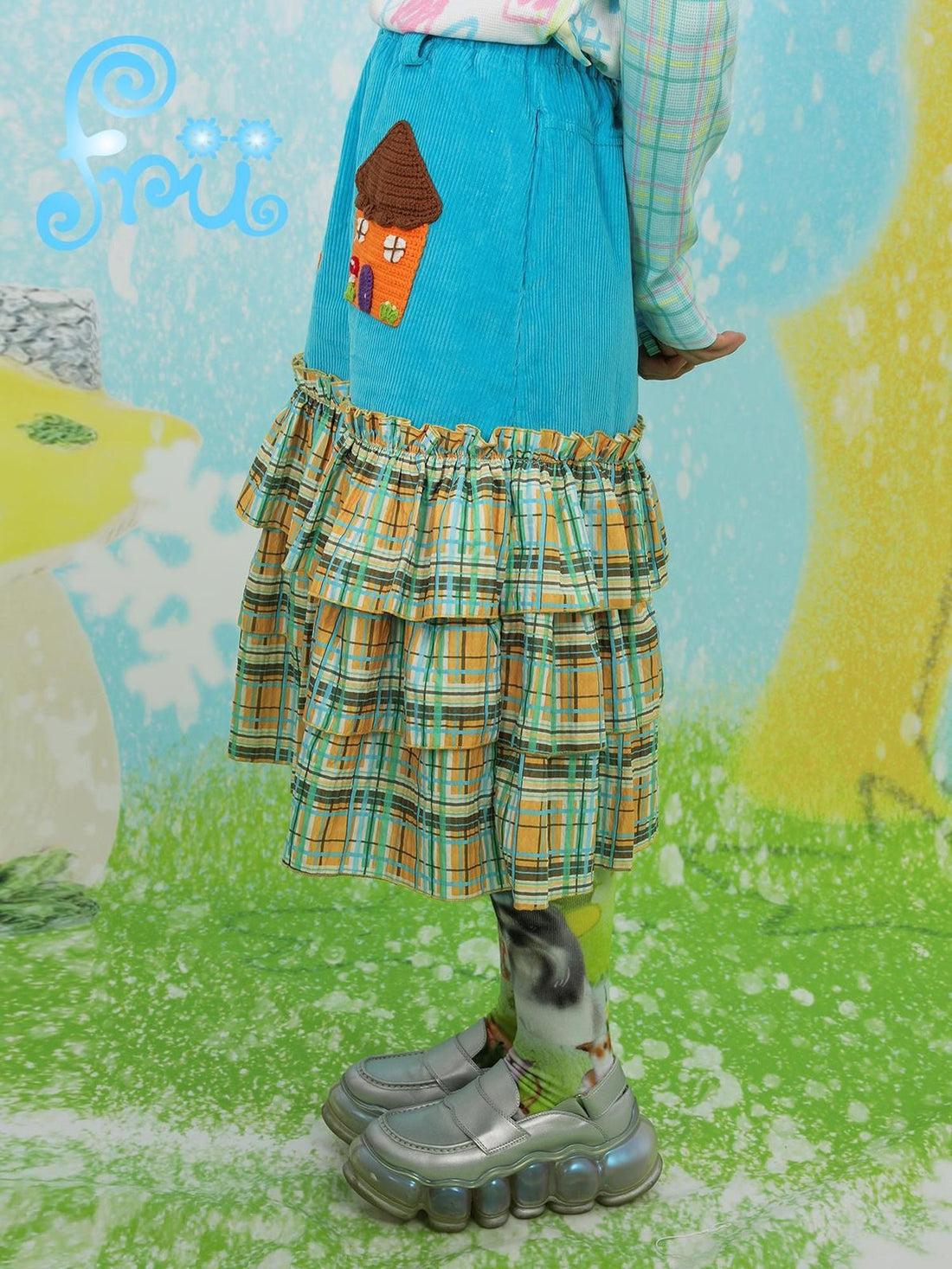 Frufru Gulu House Colorblock Plaid Patchwork Pleated Women&