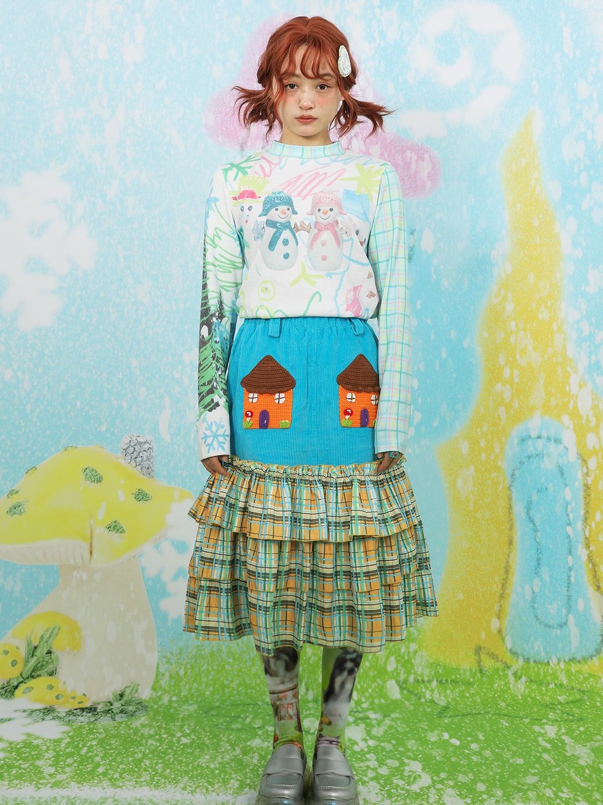 Frufru Gulu House Colorblock Plaid Patchwork Pleated Women&