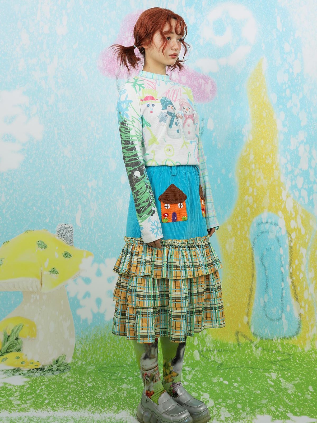 Frufru Gulu House Colorblock Plaid Patchwork Pleated Women&
