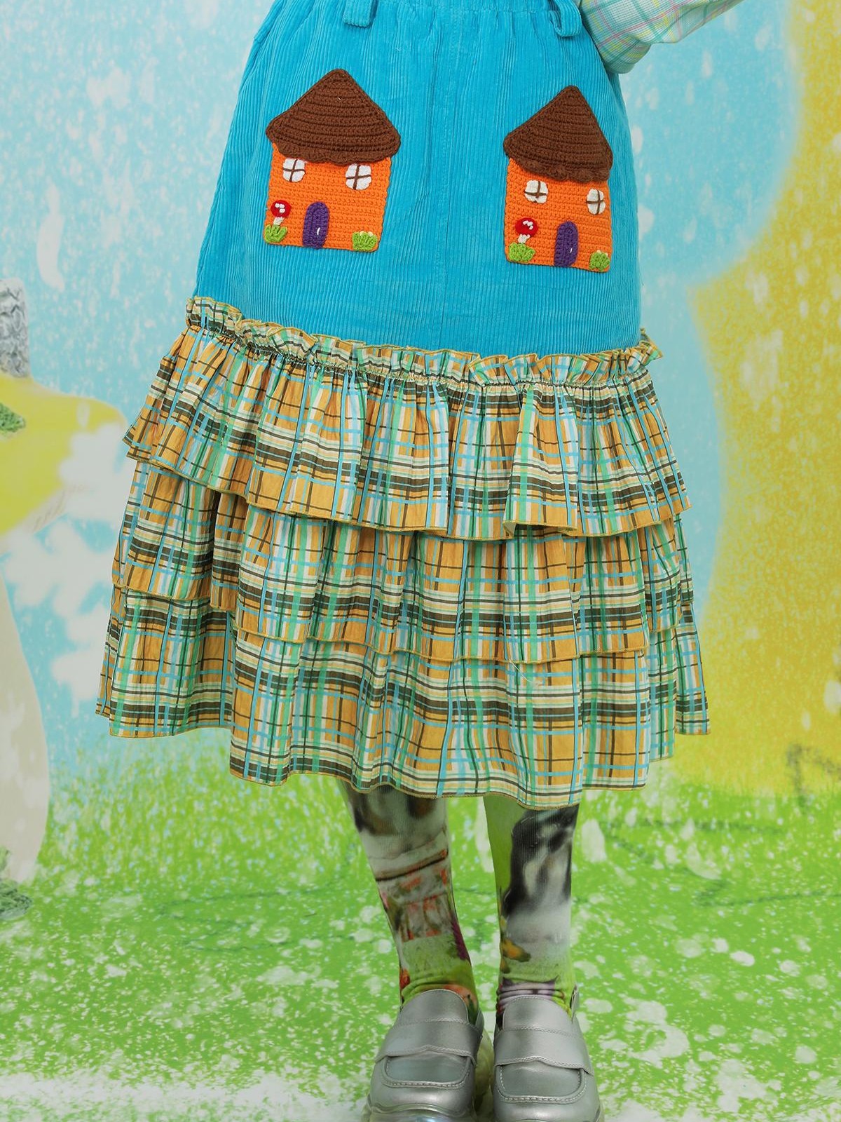 Frufru Gulu House Colorblock Plaid Patchwork Pleated Women&