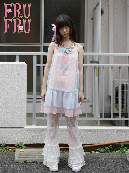 Frufru Gulu Pink Blue Rose Patchwork Rhinestone Midi Women&