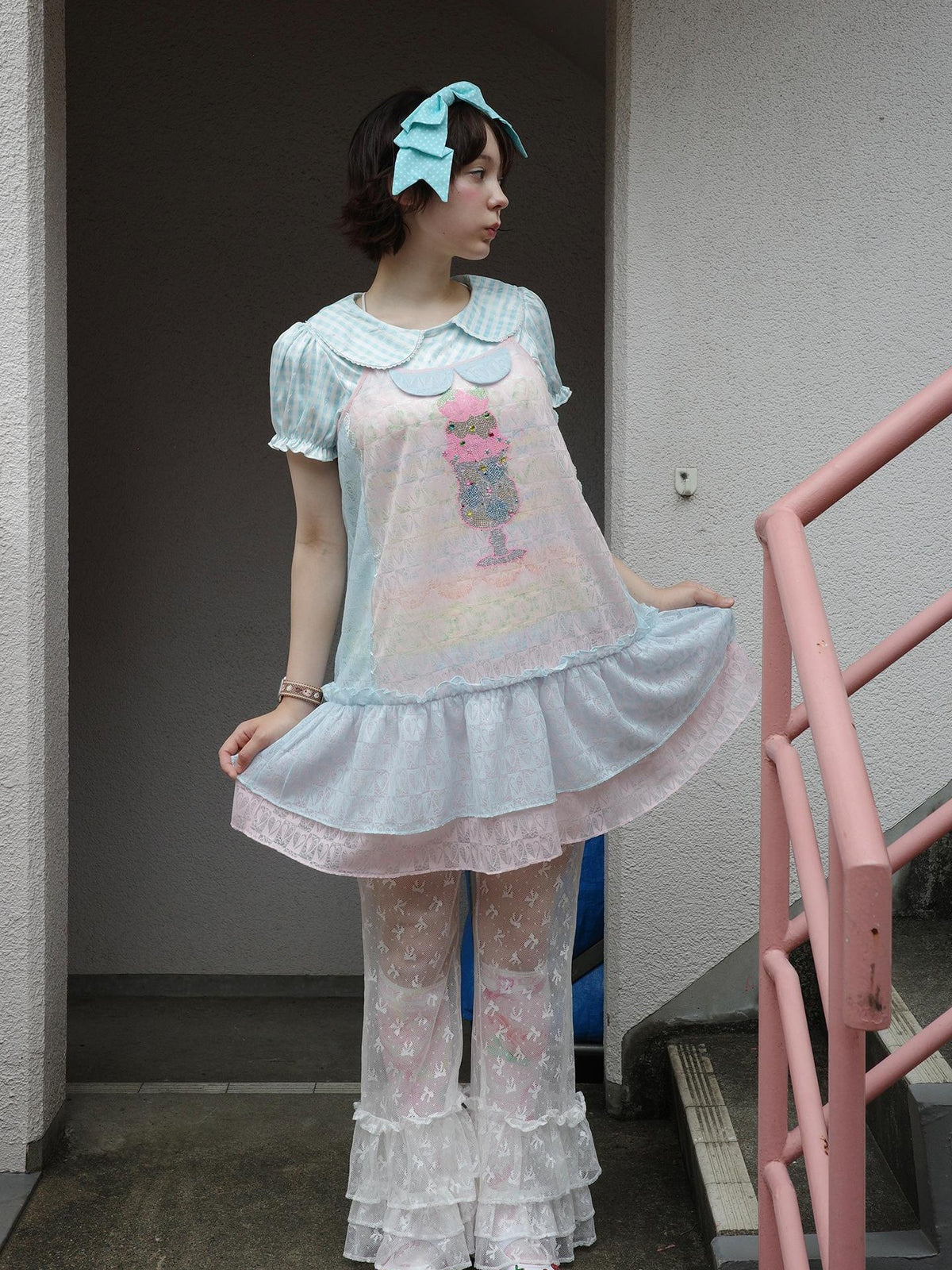 Frufru Gulu Pink Blue Rose Patchwork Rhinestone Midi Women&