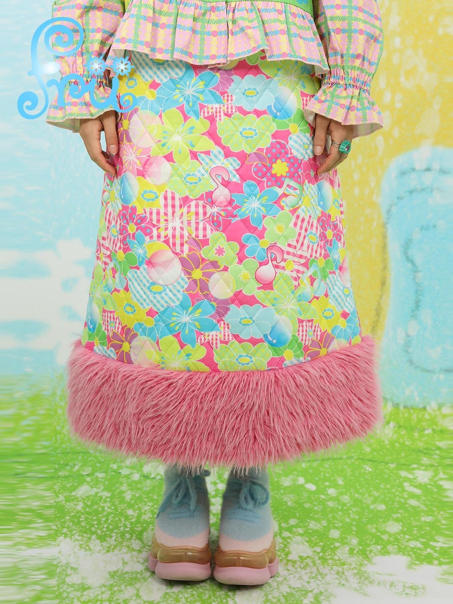 Frufru Gulu Pink Cartoon Print Tiered Ruffle Mid Waist Women&