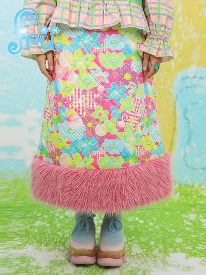Frufru Gulu Pink Cartoon Print Tiered Ruffle Mid Waist Women&