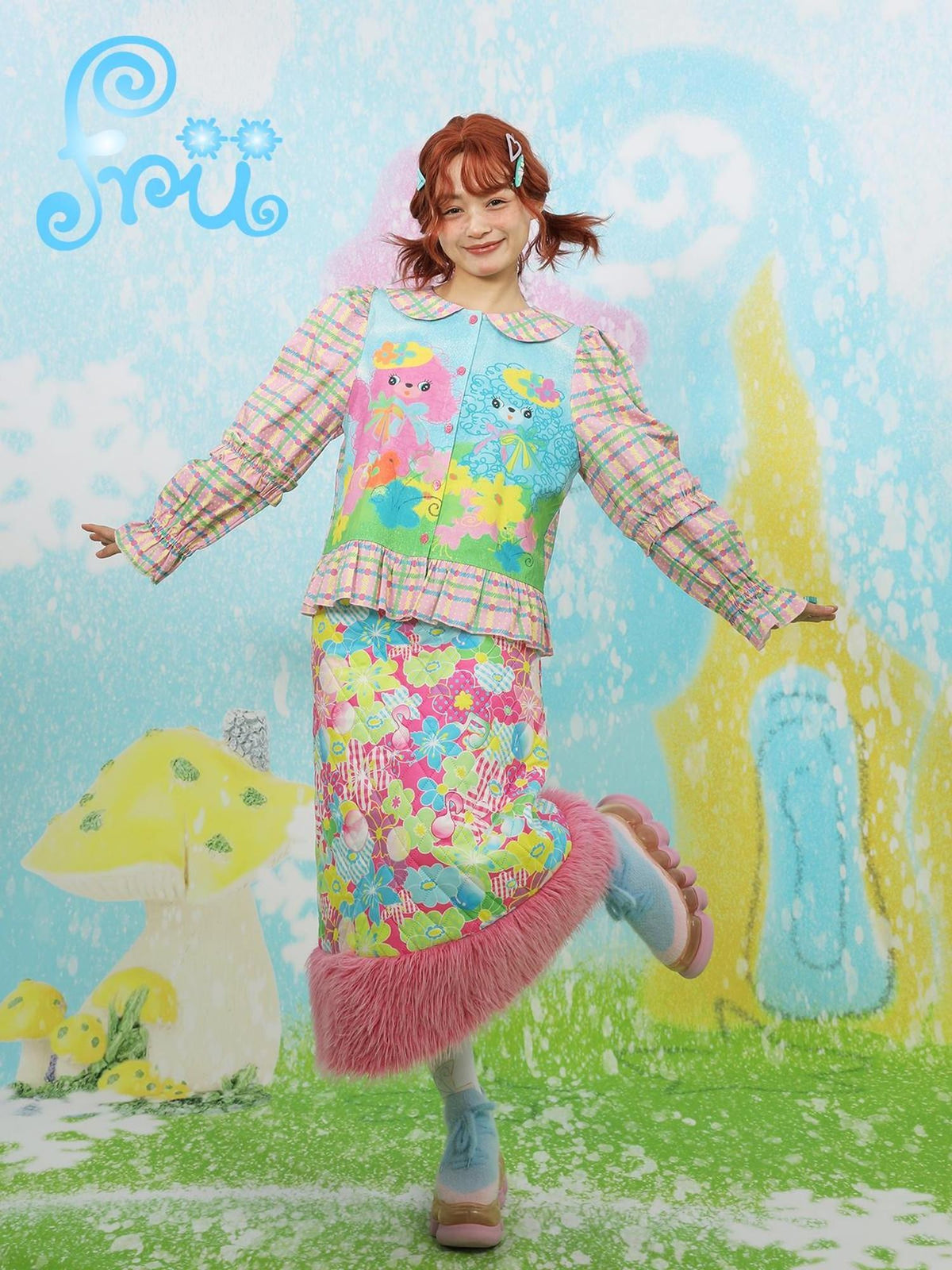 Frufru Gulu Pink Cartoon Print Tiered Ruffle Mid Waist Women&