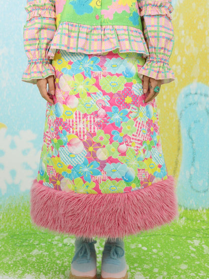 Frufru Gulu Pink Cartoon Print Tiered Ruffle Mid Waist Women&