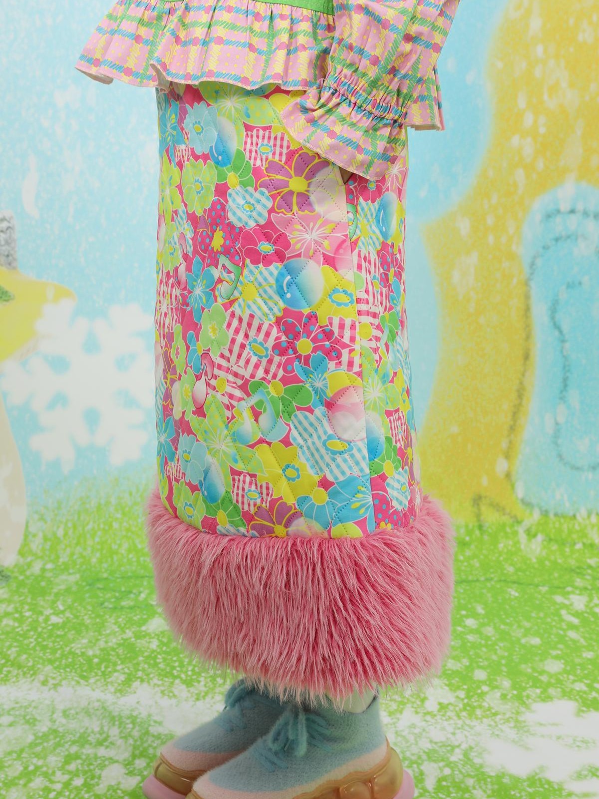 Frufru Gulu Pink Cartoon Print Tiered Ruffle Mid Waist Women&