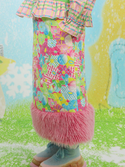 Frufru Gulu Pink Cartoon Print Tiered Ruffle Mid Waist Women&