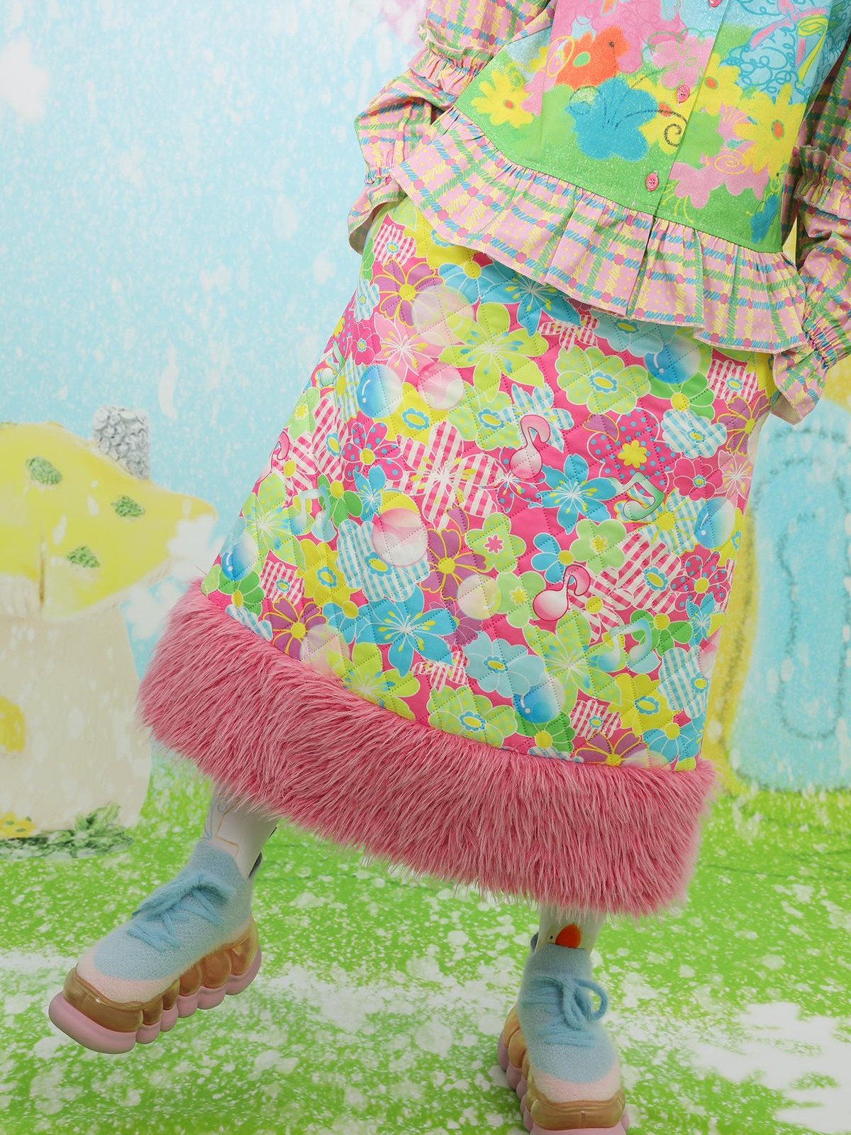 Frufru Gulu Pink Cartoon Print Tiered Ruffle Mid Waist Women&