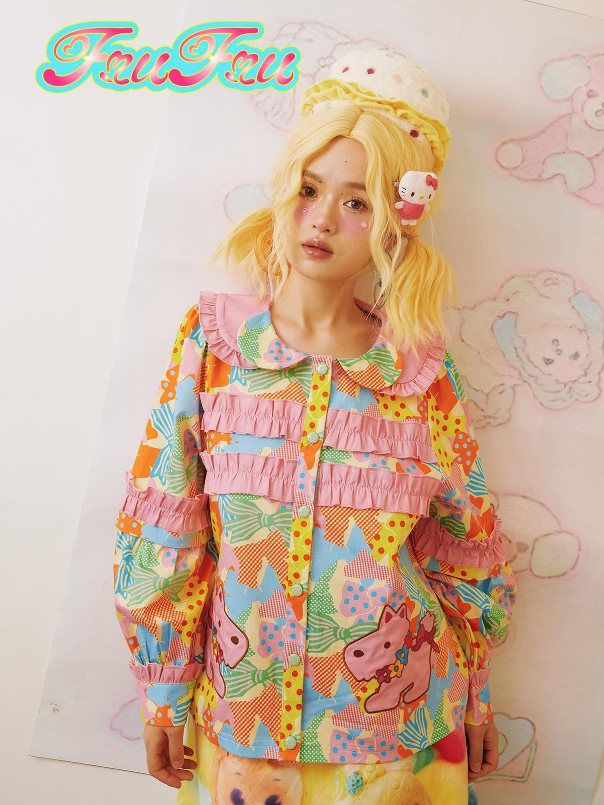 Frufru Gulu Pink Colorblock Doll Collar Princess Sleeve Cartoon Women&