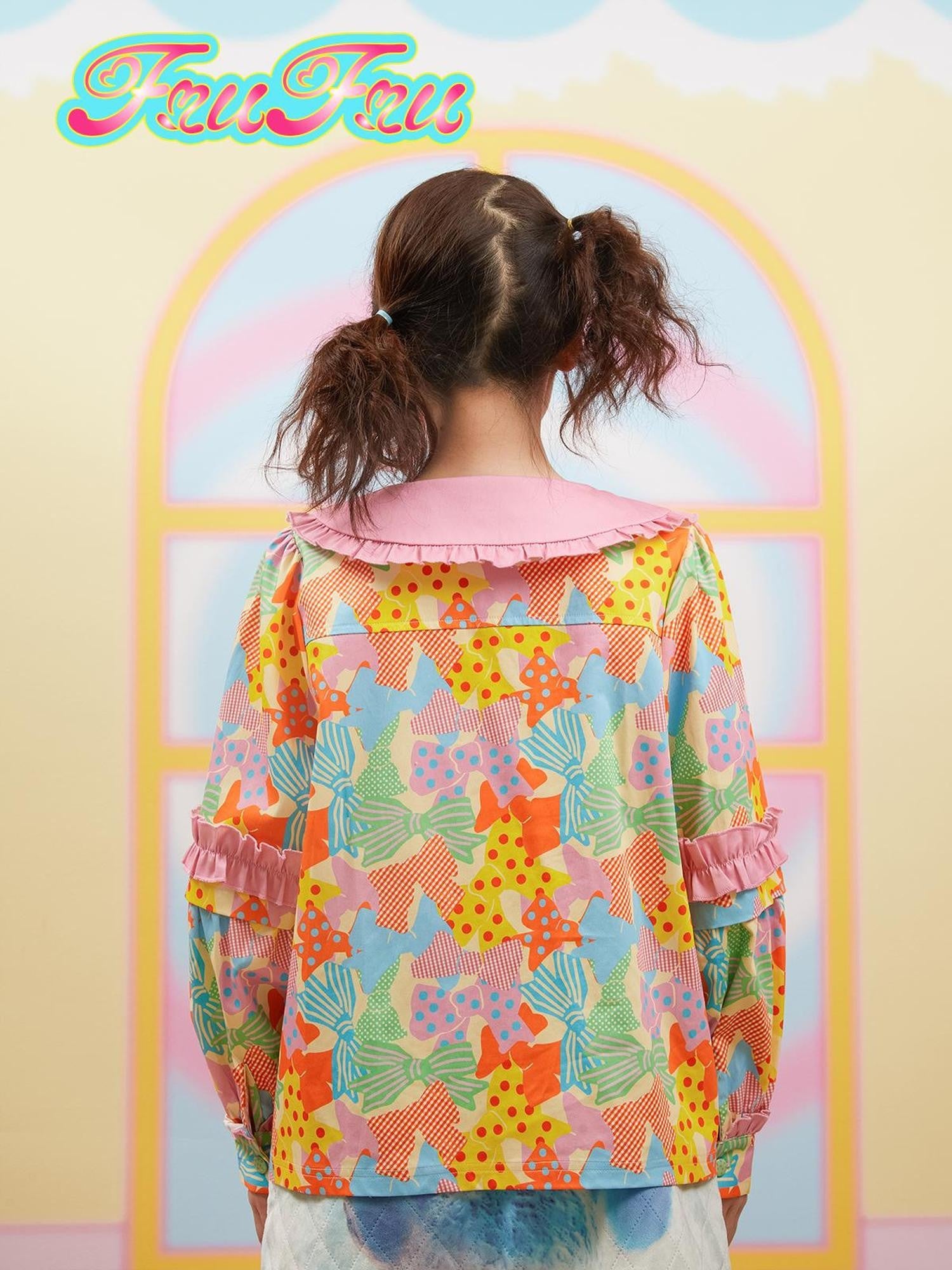 Frufru Gulu Pink Colorblock Doll Collar Princess Sleeve Cartoon Women&