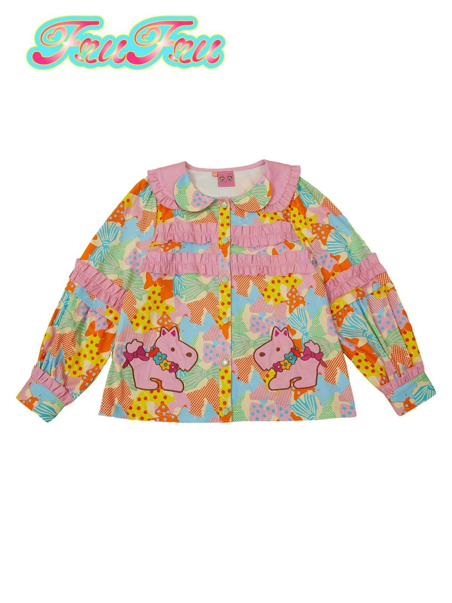 Frufru Gulu Pink Colorblock Doll Collar Princess Sleeve Cartoon Women&
