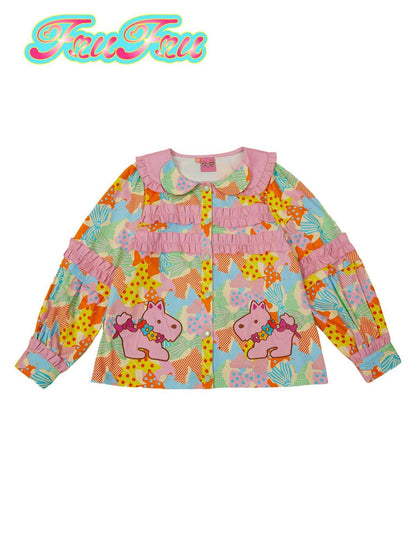 Frufru Gulu Pink Colorblock Doll Collar Princess Sleeve Cartoon Women&