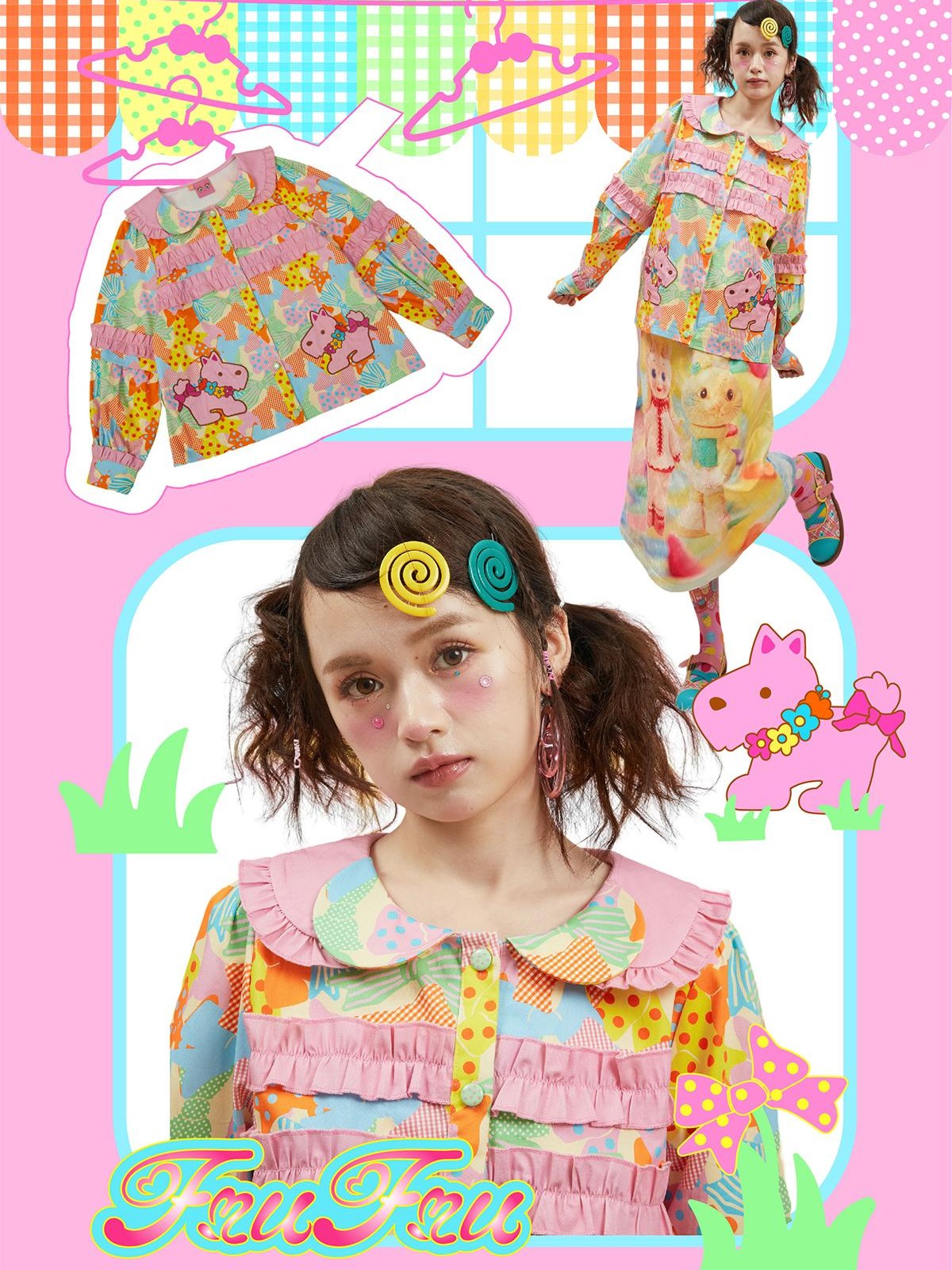 Frufru Gulu Pink Colorblock Doll Collar Princess Sleeve Cartoon Women&